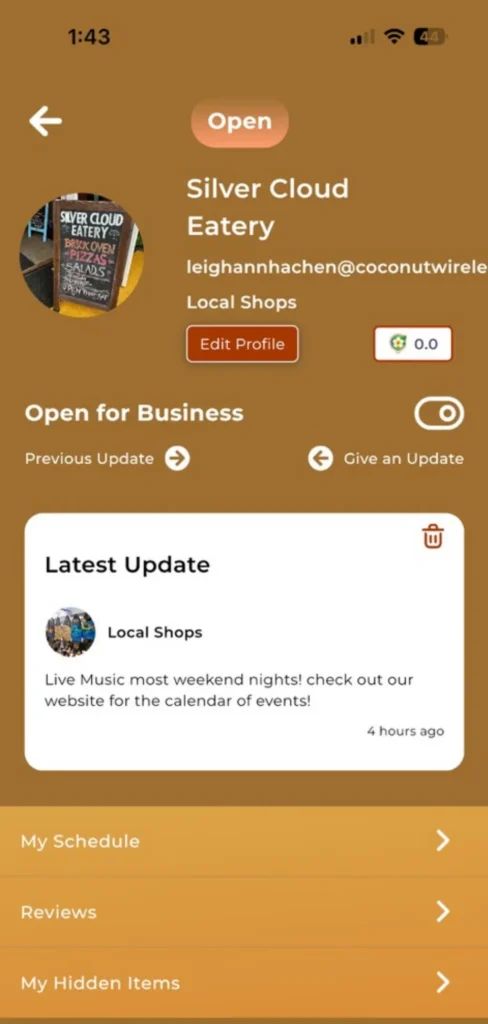 Preview of vendor screen from Coconut Wireless app